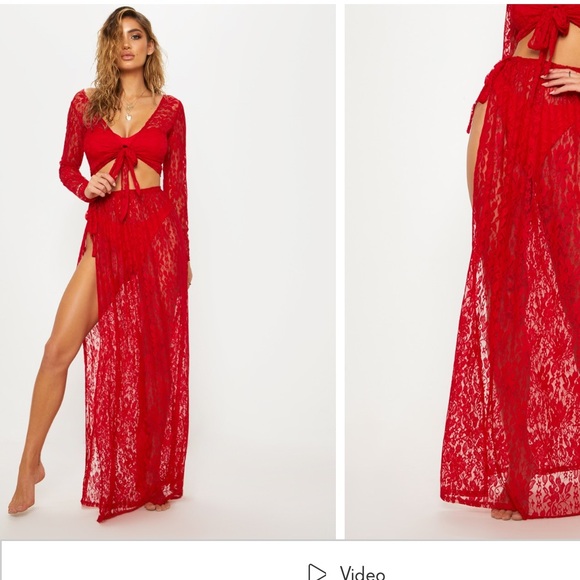 Red Lace Tie Side Maxi Beach Skirt - Picture 1 of 4